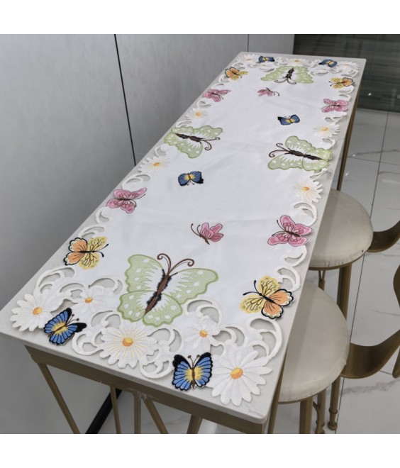Butterfly Embroidered Table Runner,Country Style Dining Table Cover for Home Kitchen Decoration