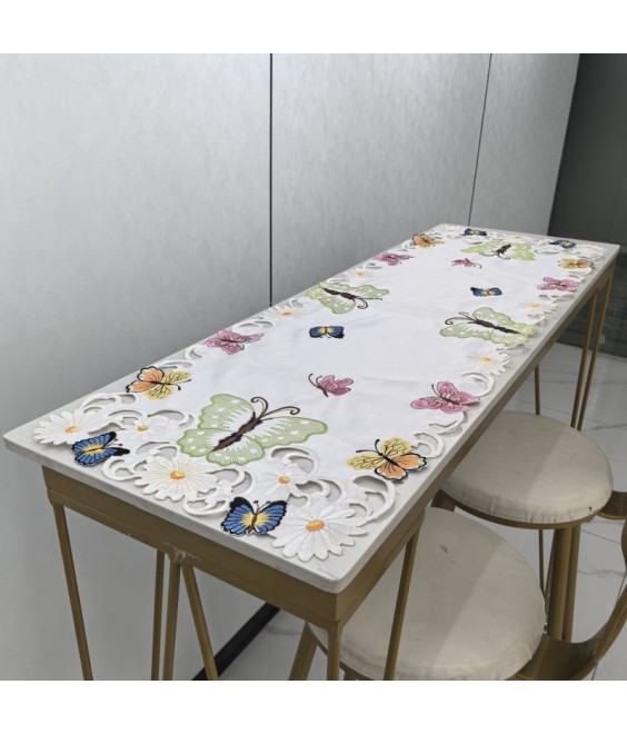 Butterfly Embroidered Table Runner,Country Style Dining Table Cover for Home Kitchen Decoration