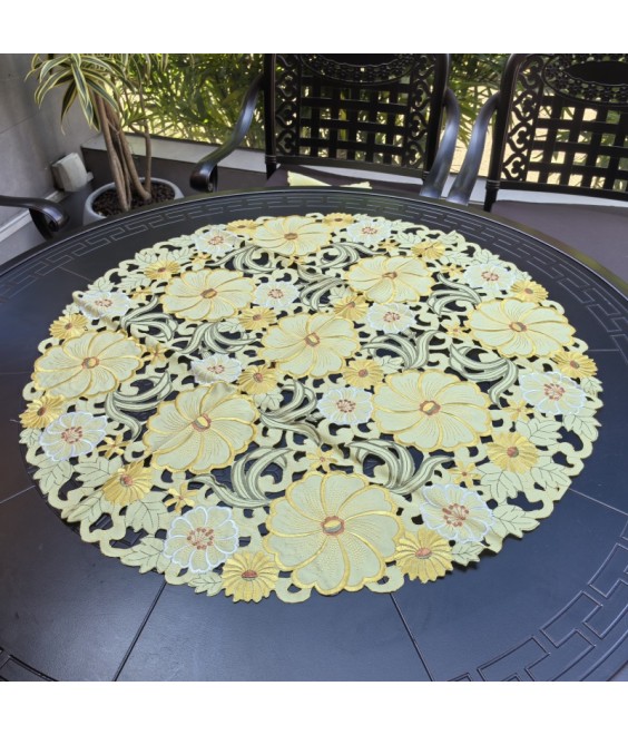 Yellow Embroidered Lace Round Tablecloth, Euro Style Dining Table Cover for Home Kitchen Decoration
