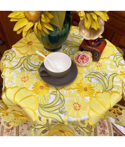 Yellow Embroidered Lace Round Tablecloth, Euro Style Dining Table Cover for Home Kitchen Decoration